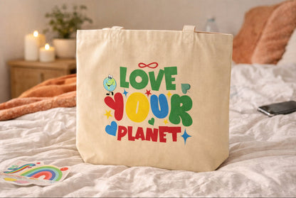 Love Your Planet Eco-Friendly Tote Bag – Reusable Canvas Shopping Bag | Earth Day Gift
