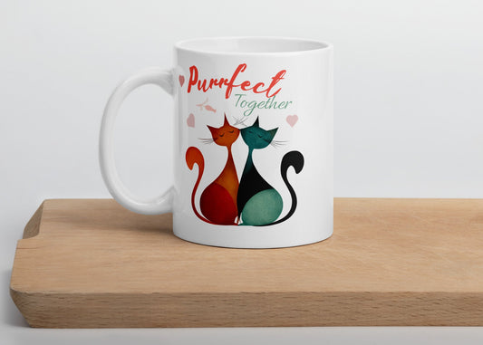 Purrfect Together Valentine's Day Cat Mug - Romantic Ceramic 11 Oz Coffee Cup- Gift for Cat Lovers