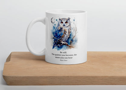 Be Still Owl Ceramic Mug 11 oz - Wisdom Bookworm Gift for Readers - Coffee Tea Mug